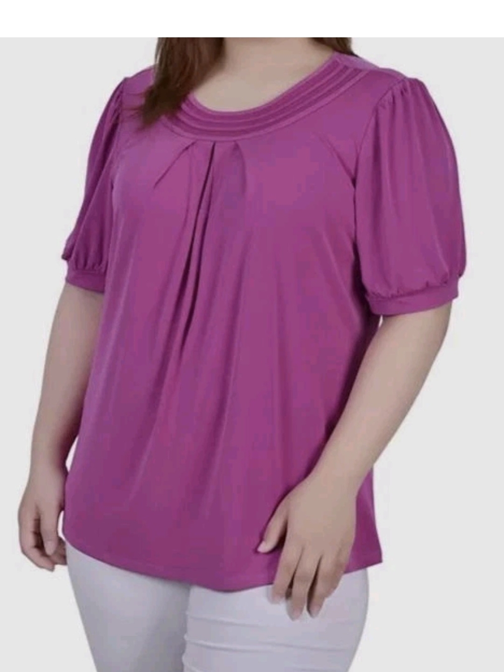 NY Collection Plus Size Short Puff Sleeve Sheer Inset Top Women's 3XL Magenta